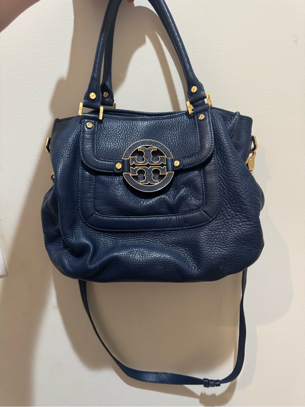 Tory Burch Navy Pebbled Leather Shoulder Bag with Gold Logo